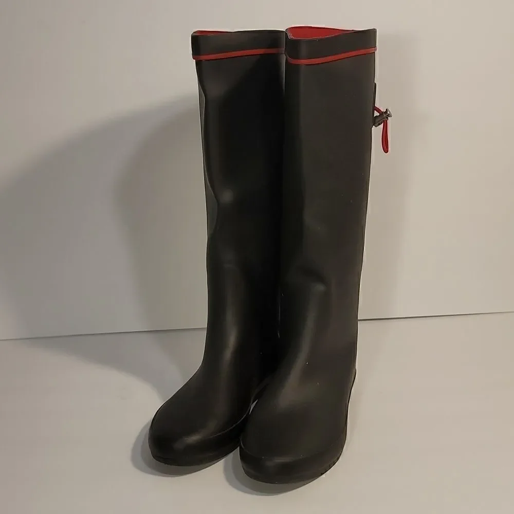 Henry Ferrera Tall Blk/Red Drawstring Rain Boots Ladies Size 8